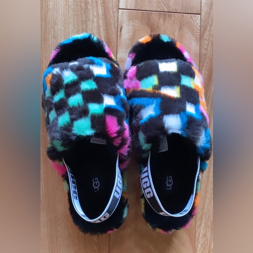 UGG Women's Fluff Yeah Mixed Check Shearling Slingback Slippers